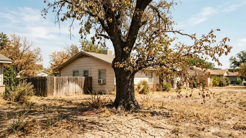 A mature shade tree showing signs of drought stress with wilting leaves in a San Angelo residential yard
