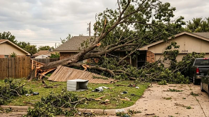 A large fallen tree resting on a residential roof in a San Angelo neighborhood after a severe storm
