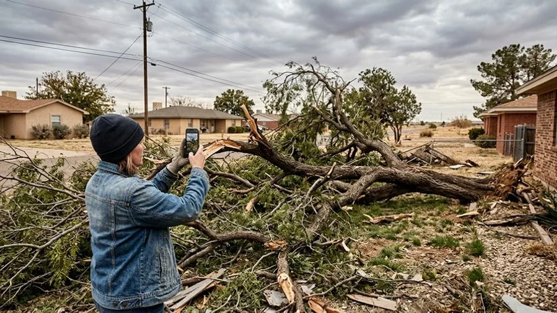 Storm-damaged tree with broken branches resting against a residential home in San Angelo Texas