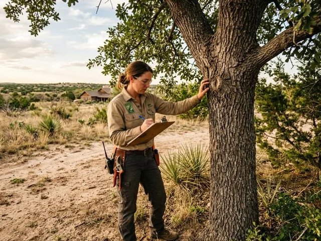 ISA Certified Arborist inspecting trees in Wall Texas