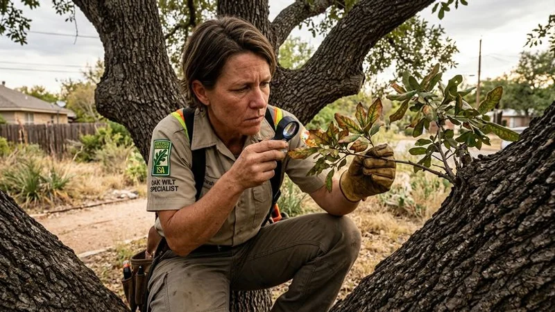 Close-up of oak leaves showing veinal necrosis symptoms of oak wilt disease in San Angelo