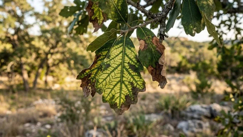 Oak wilt symptoms showing veinal necrosis on live oak leaves