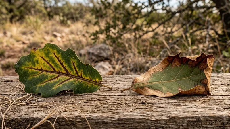 Comparison of oak wilt veinal necrosis versus normal drought stress browning on oak leaves