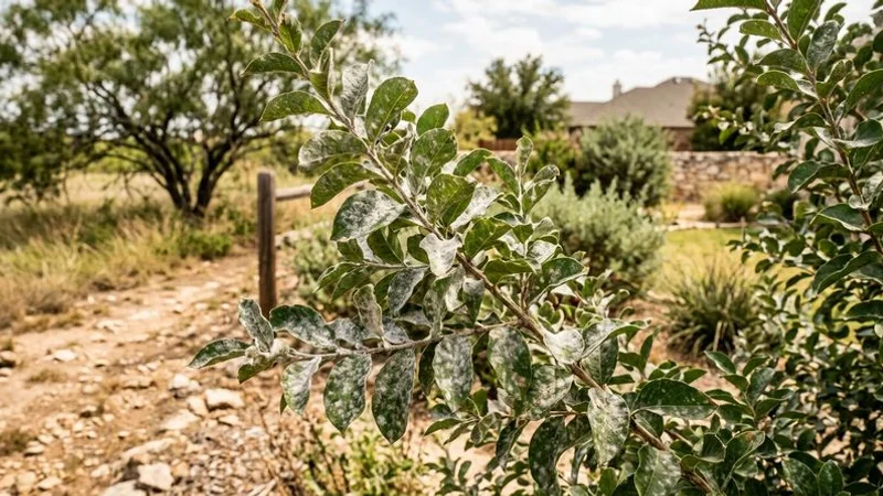 Powdery mildew coating on crepe myrtle leaves common in San Angelo landscapes