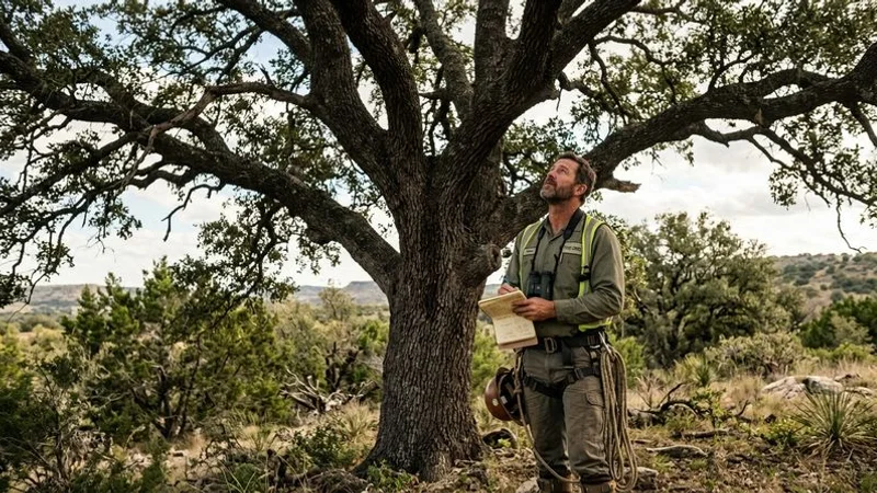 A certified arborist inspecting a large shade tree in a San Angelo yard before storm season
