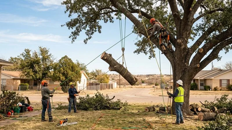 A professional tree removal crew using a crane and rigging equipment to safely remove a large tree in San Angelo