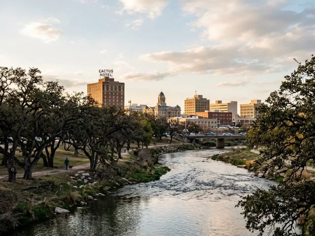 San Angelo Texas with mature live oak trees along the Concho River