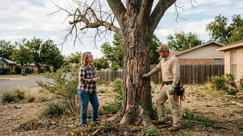 A damaged tree with visible decay and dead branches on a San Angelo property showing signs it needs removal