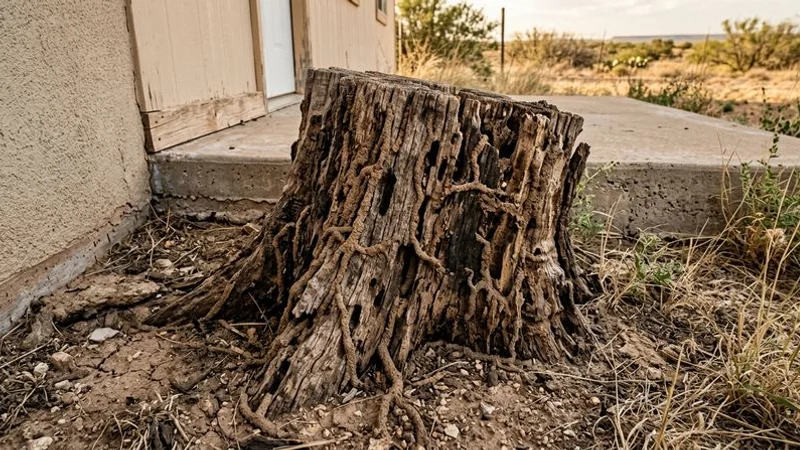 Diagram showing how termite tunnels can extend from a stump to a nearby home foundation