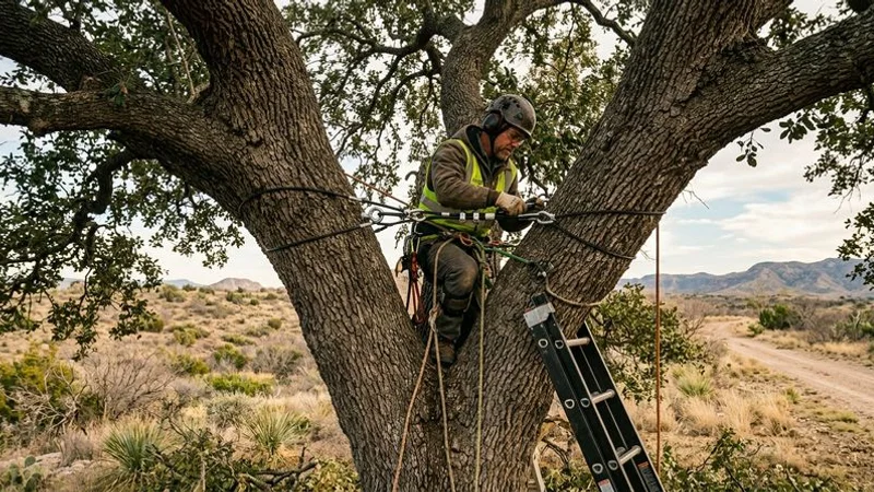 Professional tree cabling hardware installed on a large shade tree to support a split trunk in San Angelo