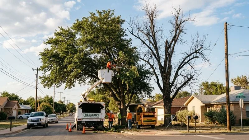 Split image comparing a tree being trimmed on one side and a tree being removed on the other in San Angelo Texas
