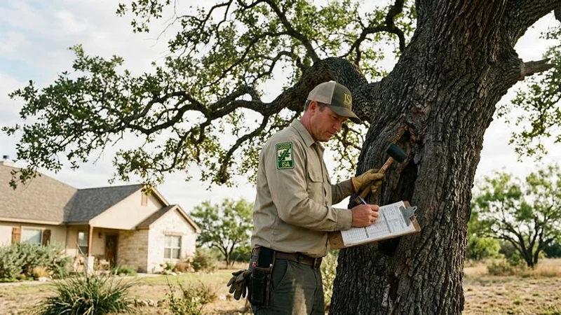 A certified arborist performing a detailed tree risk assessment on a large pecan tree in a San Angelo residential property