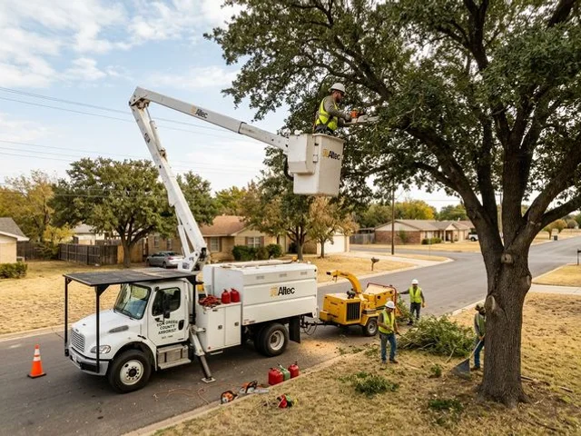 San Angelo Tree Service Pros crew with bucket truck serving Wall TX