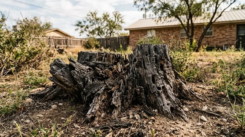 Close-up of a decaying tree stump showing signs of termite damage in a San Angelo yard